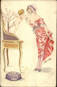 Xavier Sager Cupid & Semi Nude Woman Powdering Face Vanity c1910 Postcard