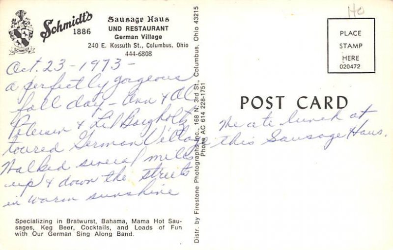 Schmidt's Sausage Haus Columbus, Ohio OH Postcard