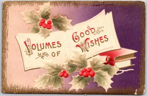 1910 Volumes Of Good Wishes Book Embossed Leaf Christmas Card Posted Postcard