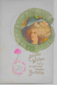 Good Wishes Happy Birthday woman attached lace pop-up antique pc Z14579