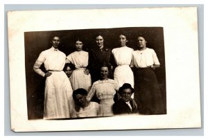 Vintage 1900's RPPC Postcard Family Portrait Eight Women One Guy