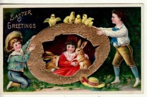 Easter   CHILDREN, RABBITS, CHICKS, gold gilt, gel postcard