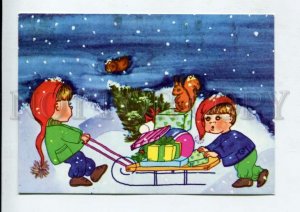 429461 ESTONIA New gift children sled squirrel 1992 RPPC advertising bird stamp