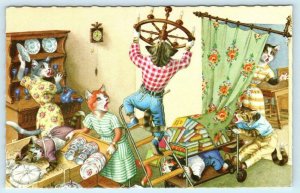 Mainzer DRESSED CATS & Kittens HOUSEHOLD CHAOS #4955 Anthropomorphic Postcard