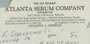 1957 Atlanta Serum Company Atlanta GA Hog Cholera Vaccine Invoice 316 