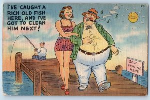Humor Postcard Sexy Woman Caught A Rich Old Fish Fat Man Cigarette Smoking