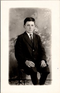 Darling Young Boy Well Knickers Jacket Tie Seated Studio Real Photo Postcard Y9