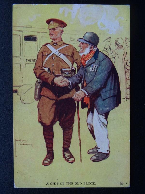 Patriotic WW1 A CHIP OF THE OLD BLOCK by Artist lawson Wood c1915 Postcard No.1