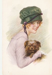 Pretty lady with her pet. La Favori Old vintage French, artist drawn, postcard