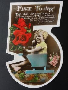 Girls 5th Birthday Greeting NUMBER CARD Little Girl Answers Telephone c1930 RP