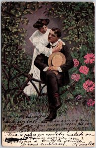 Lovers Couple Dating Sweet Moments In The Garden Romance Vintage Postcard