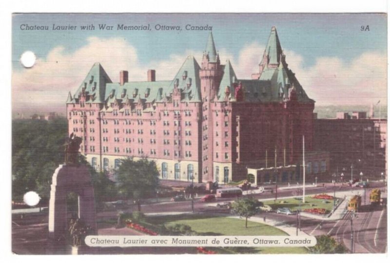 Chateau Laurier With War Memorial, Ottawa, Ontario, Vintage 1950 Linen Postcard