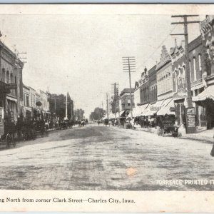 c1900s Charles City, IA Main Street PC Store Sign Horse Wagon Telegraph Pole A19