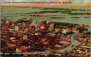 Vtg Florida FL Downtown Miami River Biscayne Bay Aerial View 1940s Postcard