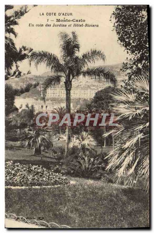 Old Postcard The French Riviera Monte Carlo corner gardens and hotel Riviera