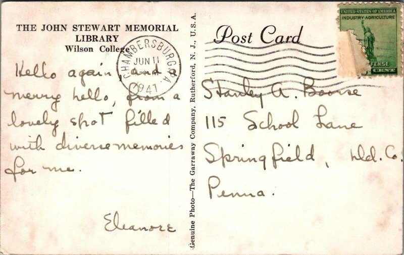 RPPC Postcard John Stewart Memorial Library Wilson College PA 1941