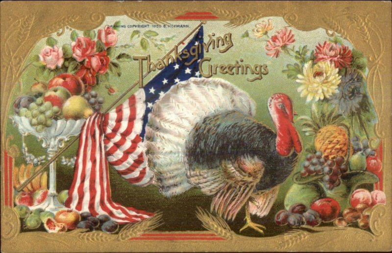 Patriotic Thanksgiving American Flag Gold Border Series 2096A Postcard #5