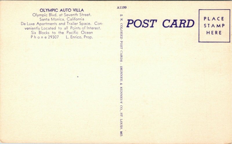 Postcard CA Santa Monica Olympic Auto Villa Hwy 101 Texaco Gas Station 1940s L14