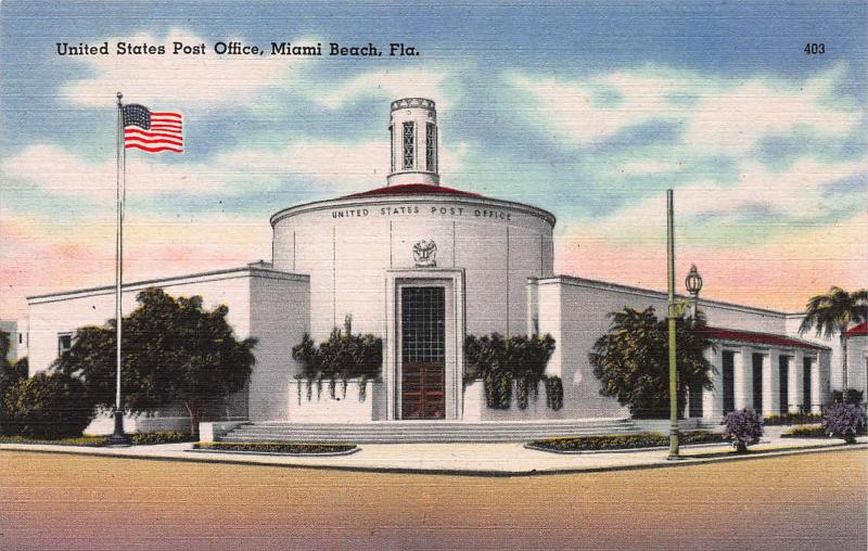 U.S. Post Office, Miami Beach, Florida, Early Postcard, Unused