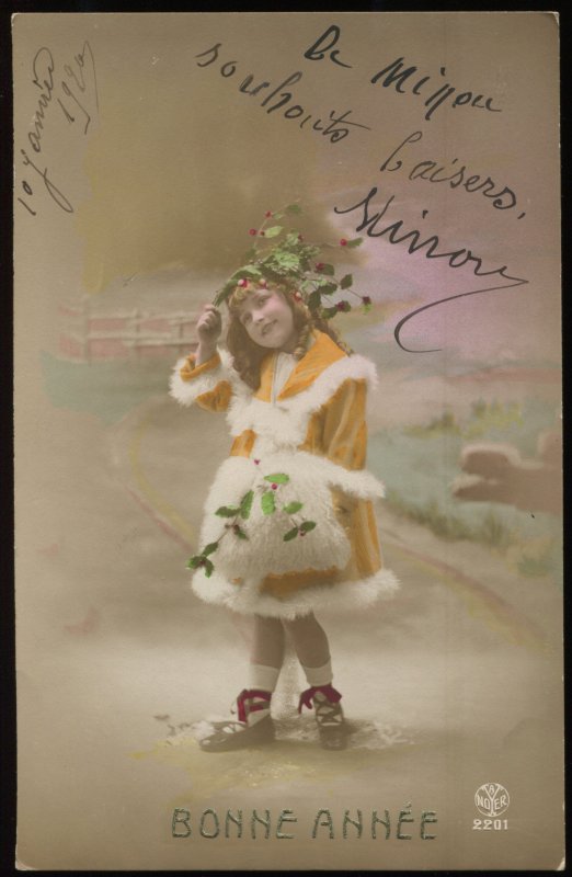 Bonne Annee. Alfred Noyer hand colored real photo. Girl with red dress and holly