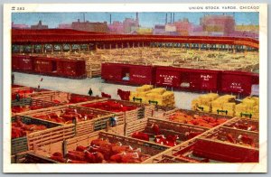 Chicago Illinois 1950s Postcard Union Stock Yards Cattle Pens Boxcars Train