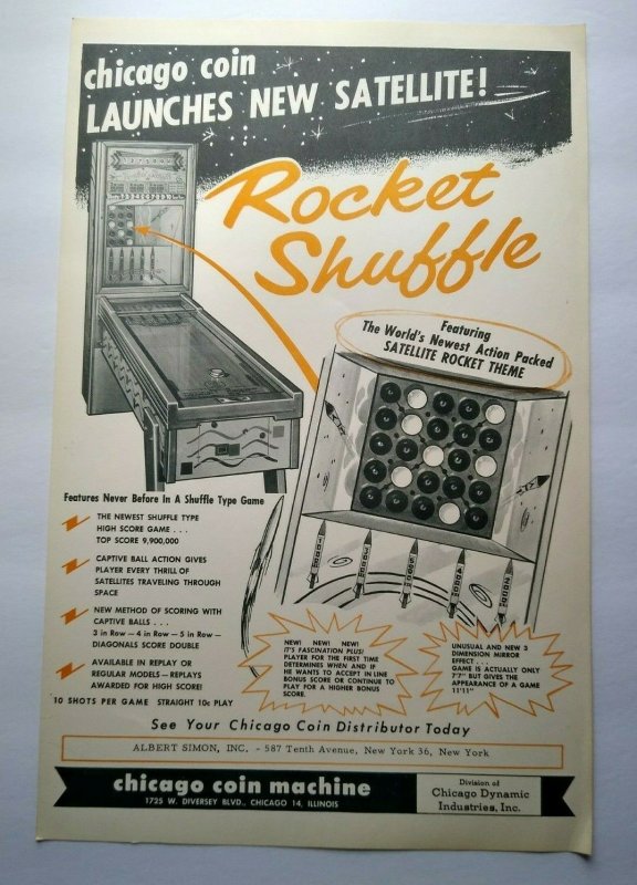 Chicago Coin Rocket Shuffle Arcade FLYER Original Vintage Game Art Print 1958  