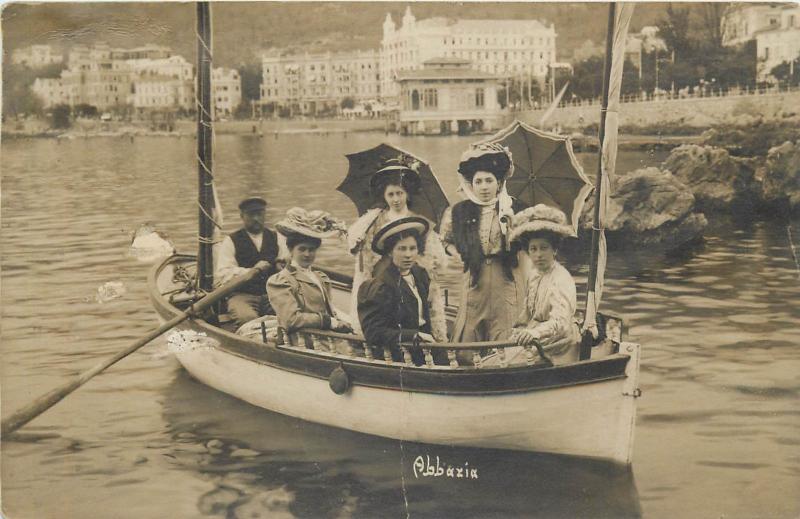 Abbazia Opatija Croatia umbrellas fancy women boat snapshot photo postcard 1908