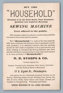 VICTORIAN TRADE CARD STOOPS & CO HOUSEHOLD SEWING MACHINE PHILADELPHIA antique