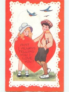 Pre-Linen valentine BIRDS FLY OVER BOY AND GIRL SEPARATED BY HEART k9846