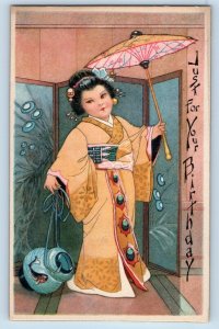 Birthday Postcard Japan Girl With Kimono Art Nouveau Crafts c1910's Antique