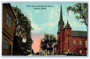 1915 Court Street & Baptist Church Building Clock Auburn Maine Vintage Postcard