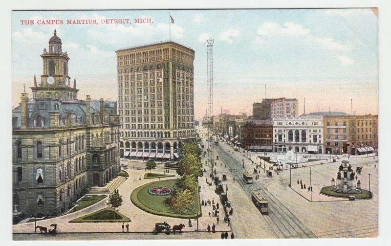 P2059 old postcard birds eye view the campus martius detroit mich