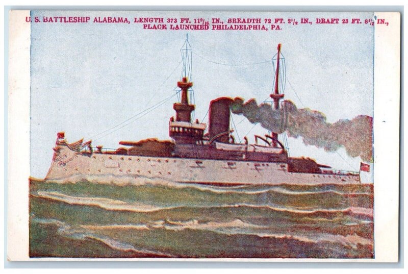 c1905 US Battleship Alabama Steamer Ship Place Launched Philadelphia PA Postcard 