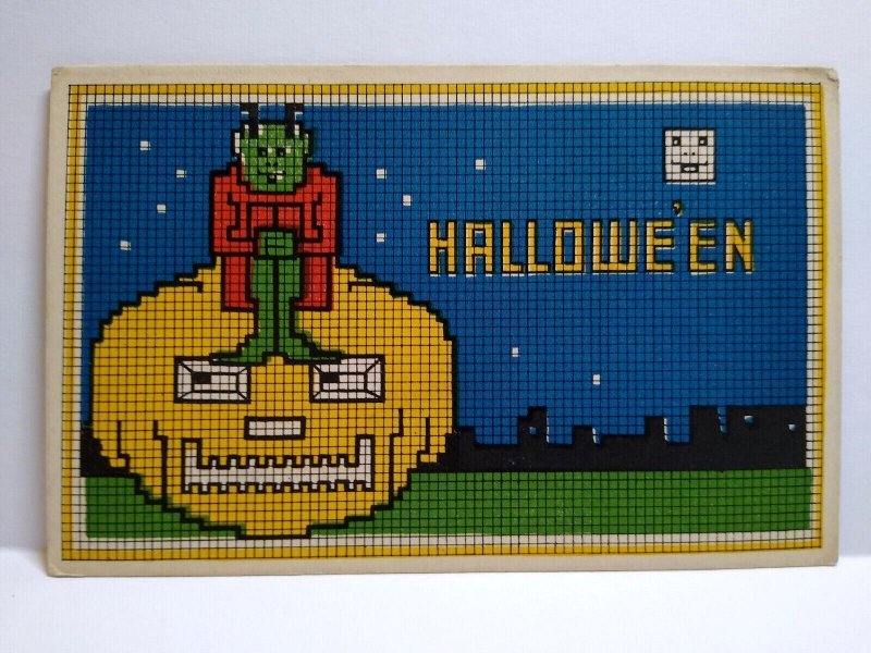 Halloween Postcard Fantasy Green Goblin JOL Moon Grid Pattern Gibson 6936  