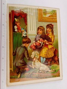 1870s-1880s Victorian Trade Card Children Dog toys Punch & Judy Parlor Doll #C