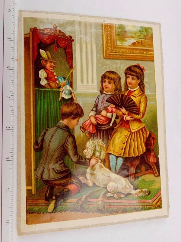 1870s-1880s Victorian Trade Card Children Dog toys Punch & Judy Parlor Doll #C