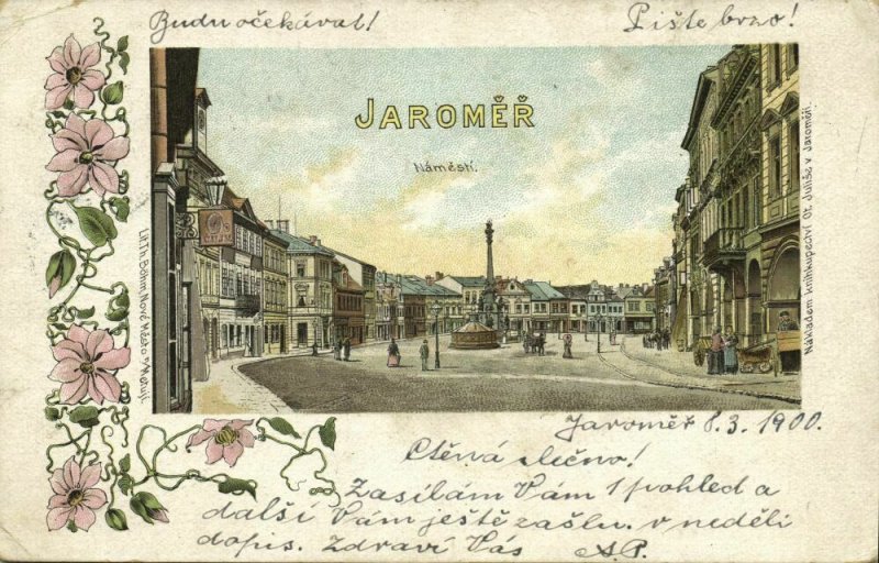 czech, JAROMĚŘ JERMER, Street Scene, Square (1900) Art Nouveau Postcard