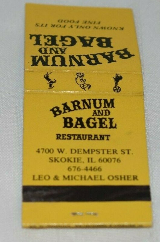 Barnum and Bagel Restaurant Skokie Illinois 20 Strike Matchbook Cover