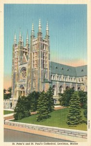 Vintage Postcard 1930's St. Peter's & St. Pauls Cathedral Church Lewiston ME