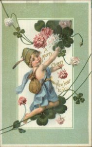 New Year - Cherub Child Hat & Feather Clovers & Flowers c1910 Postcard