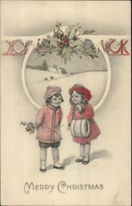 Christmas - Boy & Girl w/ Holy - Hand Colored c1915 Postcard