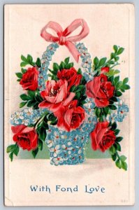 With Fond Love, Floral Basket Of Roses, Antique Embossed Postcard