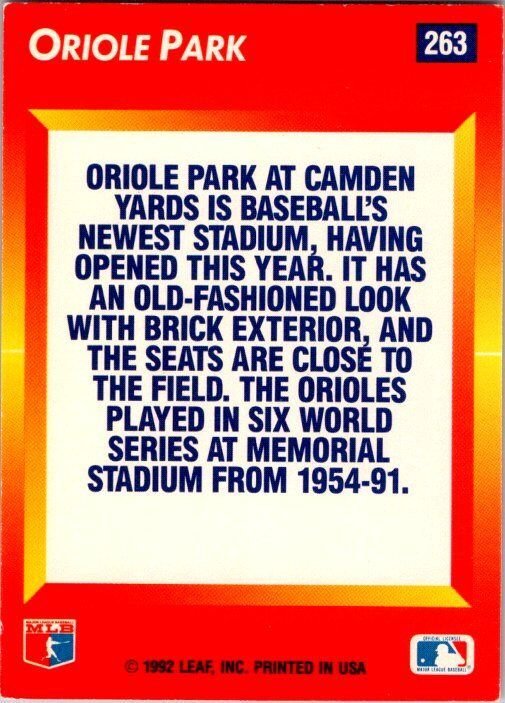 1992 Donruss Baseball Card Baltimore Orioles Stadium Camden Yards