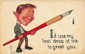 I'D USE MY LAST DROP OF INK TO GREET YOU~1910s GLAD MITT SERIES ARTIST POSTCARD