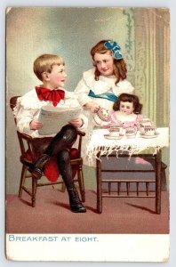 Breakfast At Eight Tuck, Children and Doll Tea Party, Antique Postcard c1911  P3