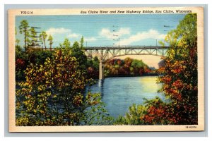 Vintage 1945 Postcard Eau Claire River New Highway Bridge Eau Claire Wisconsin