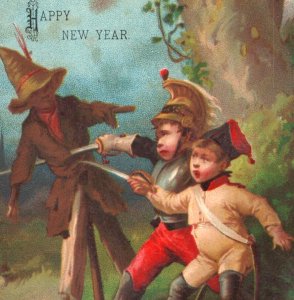 1880s Victorian Christmas & New Year's Boys Military Swords Attack Scarecrow #6F
