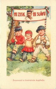 Vintage Czech Postcard Children Carry Political Banner, Ni zisk, Ni slávu