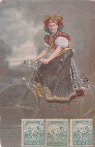 WOMAN IN NATIONAL COSTUME ON BICYCLE~1903 HUNGARY TO ARGENTINA POSTCARD