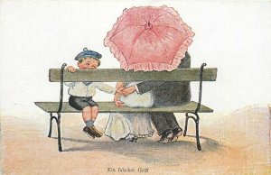German humor comic caricature A wrong grip boy prank lovers couple postcard